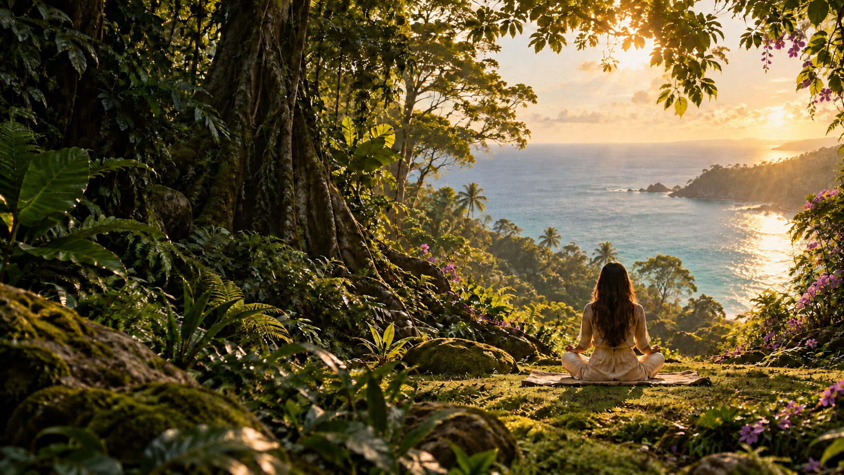 Woman meditating in a coastal forest overlooking the ocean