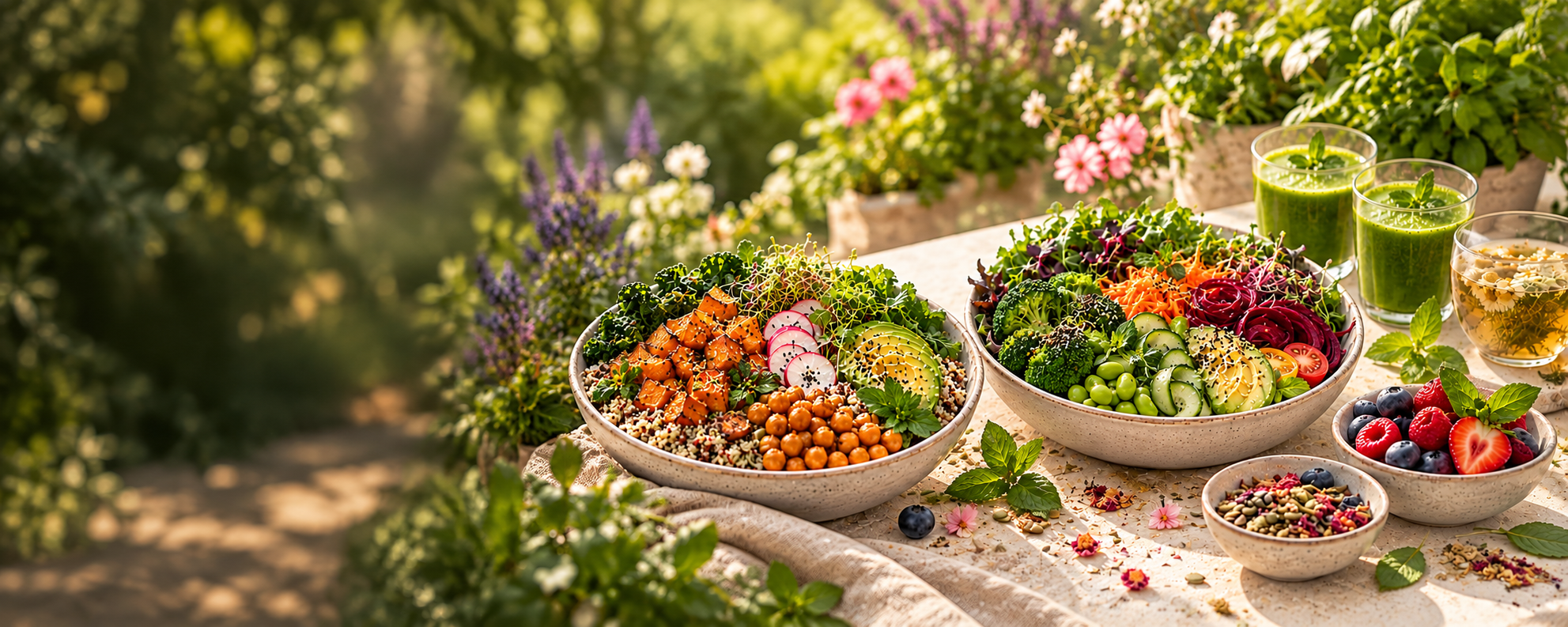 Colorful plant-based meals and green juices in a flowering garden